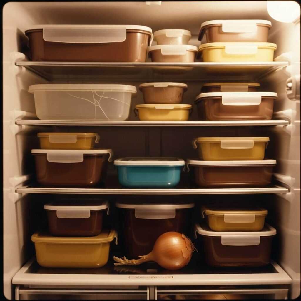 Cluttered fridge with meal prep containers and a loose onion.

