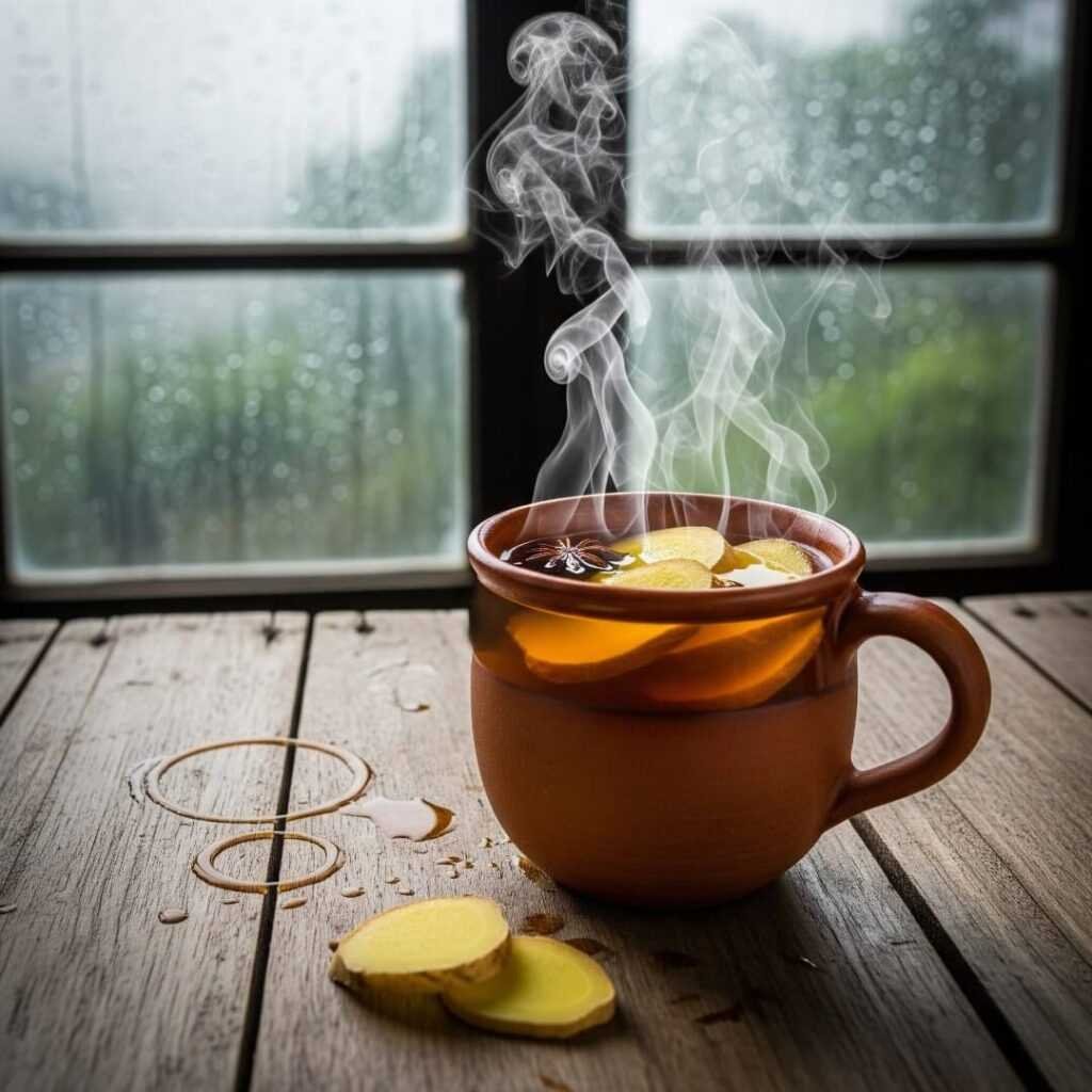 Steaming ginger tea on a rainy day.

