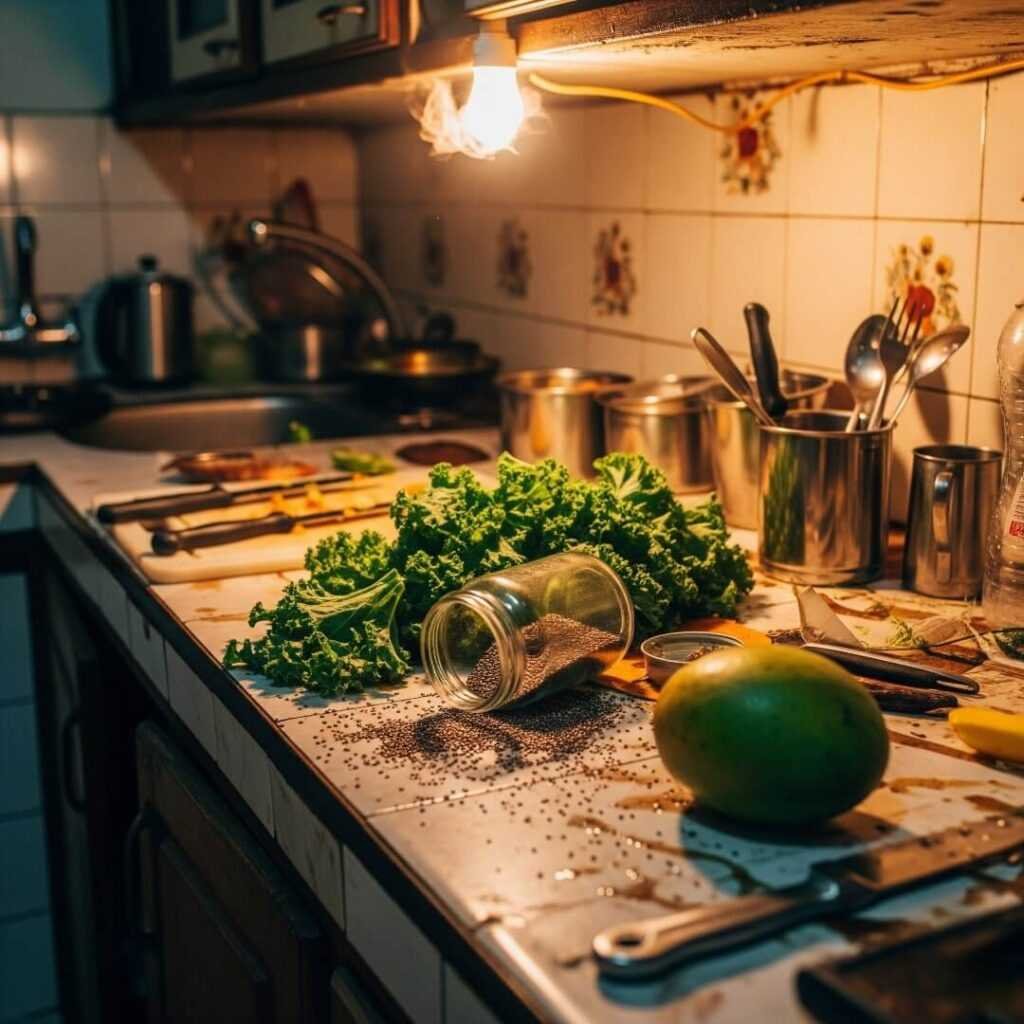  Messy Bangalore kitchen with scattered food.