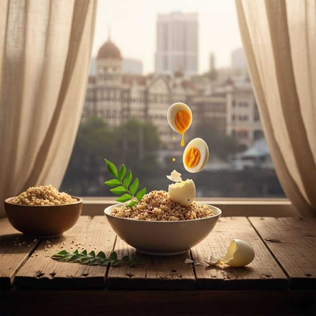 Quinoa bowl with eggs and curry leaf, Mumbai skyline.

