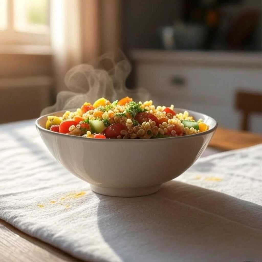 Steaming quinoa bowl, turmeric stain on tablecloth.