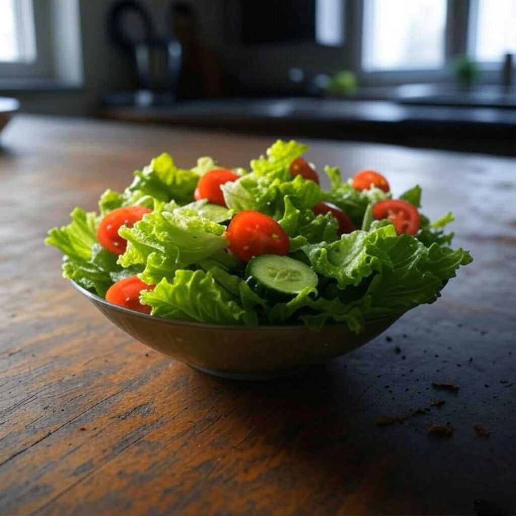 Sad salad, sweat-stained table, mid-week fasting meal plan.