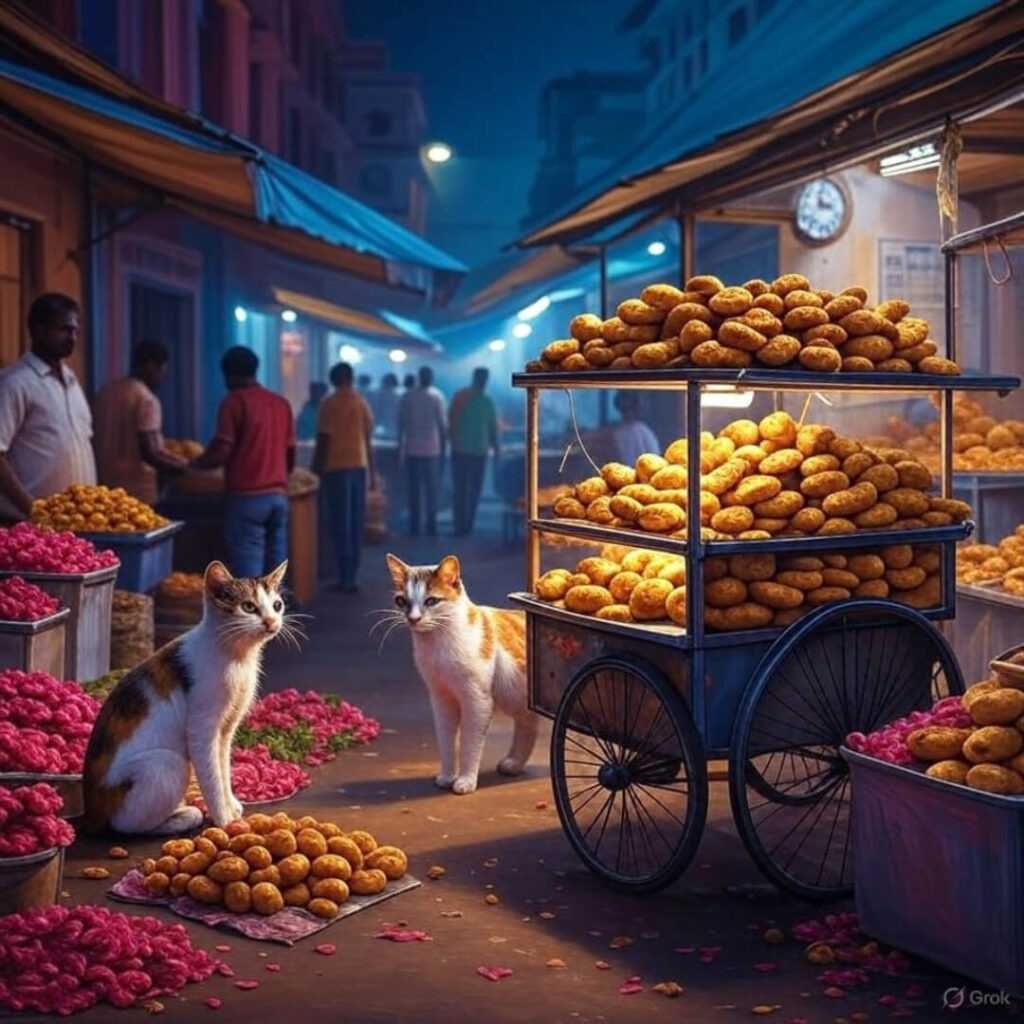 Chennai market night, glowing vadas, cat eyeing food.