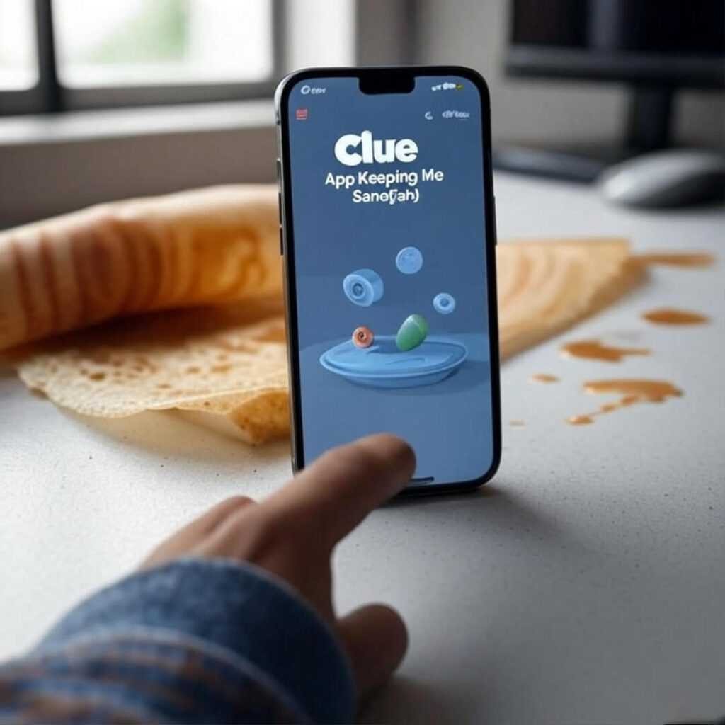Phone showing Clue app, finger fumbling, dosa background.