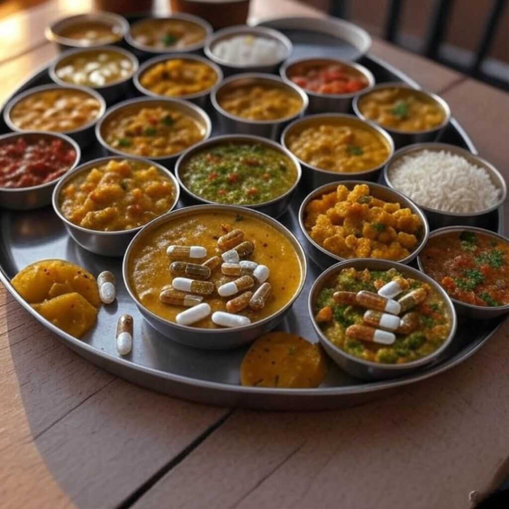 Capsules dusted on thali plate, chaotic chaat mess