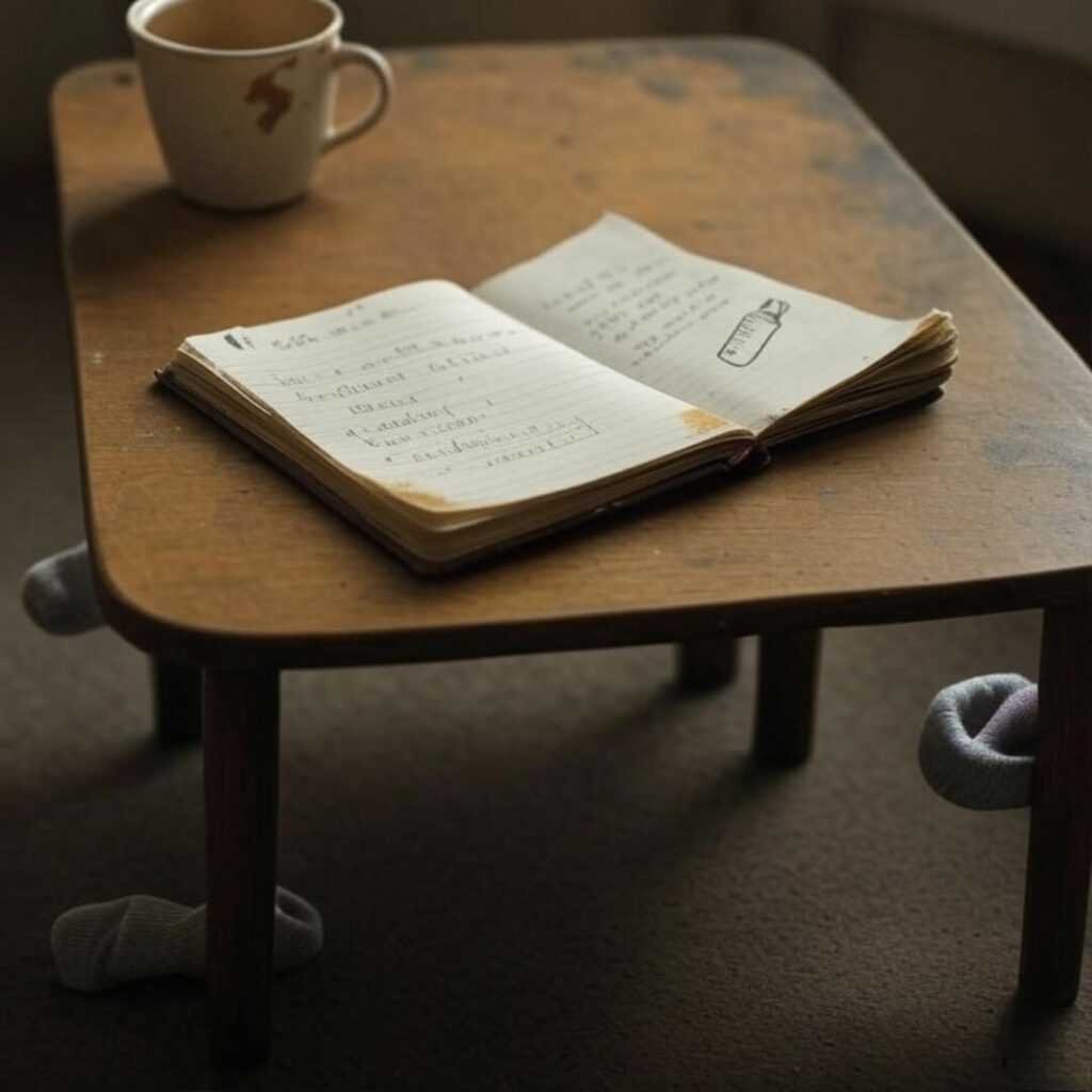 Tattered notebook, messy handwriting, chai cup, baby sock under table.