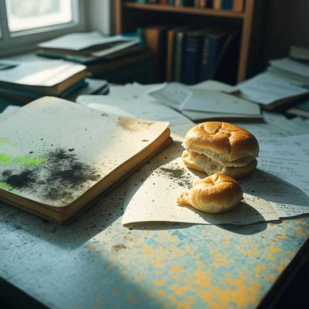 Cluttered desk with journal and half-eaten vada pav.