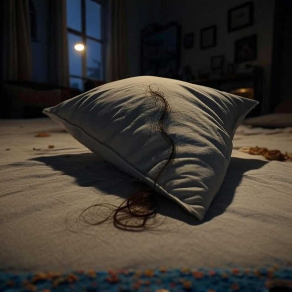 Vintage messy bed with hair strand, dim light.