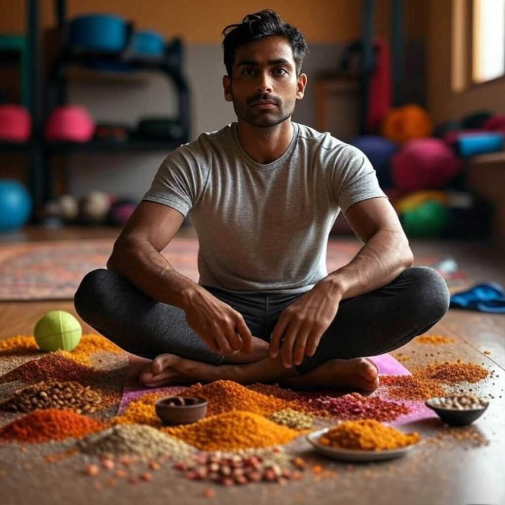 Ground-level view, spices, workout gear, Indian vibe.