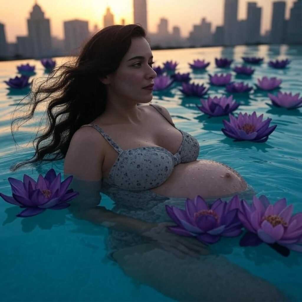 Pregnant woman swimming, Mumbai skyline, lotus flowers float.