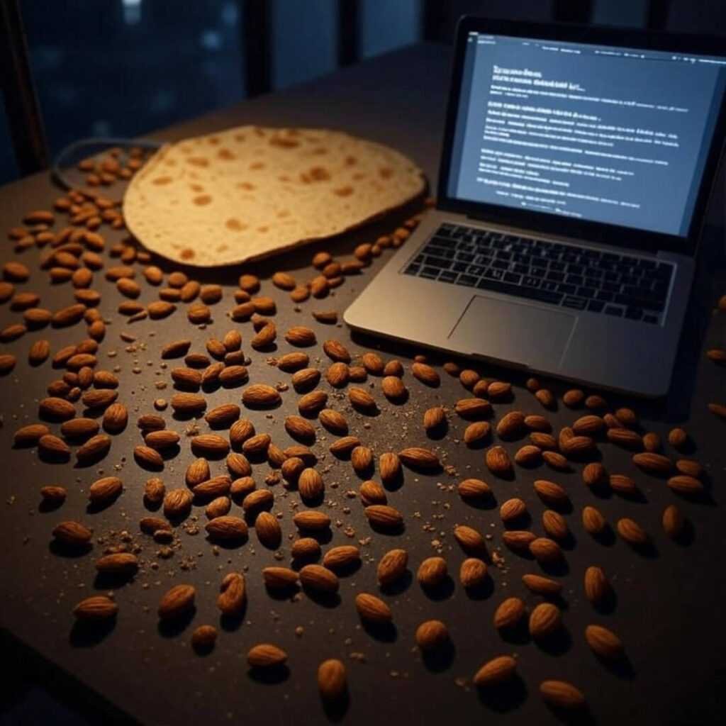 Spilled almonds, half-eaten roti, laptop on desk.