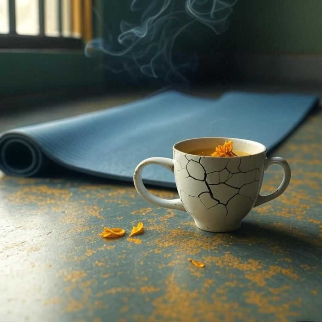 Delhi apartment with yoga mat, turmeric tea, cracked cup.
