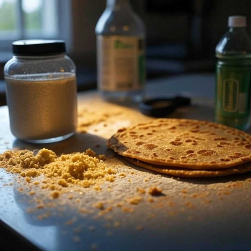 Messy kitchen counter with spilled protein, paratha, water.