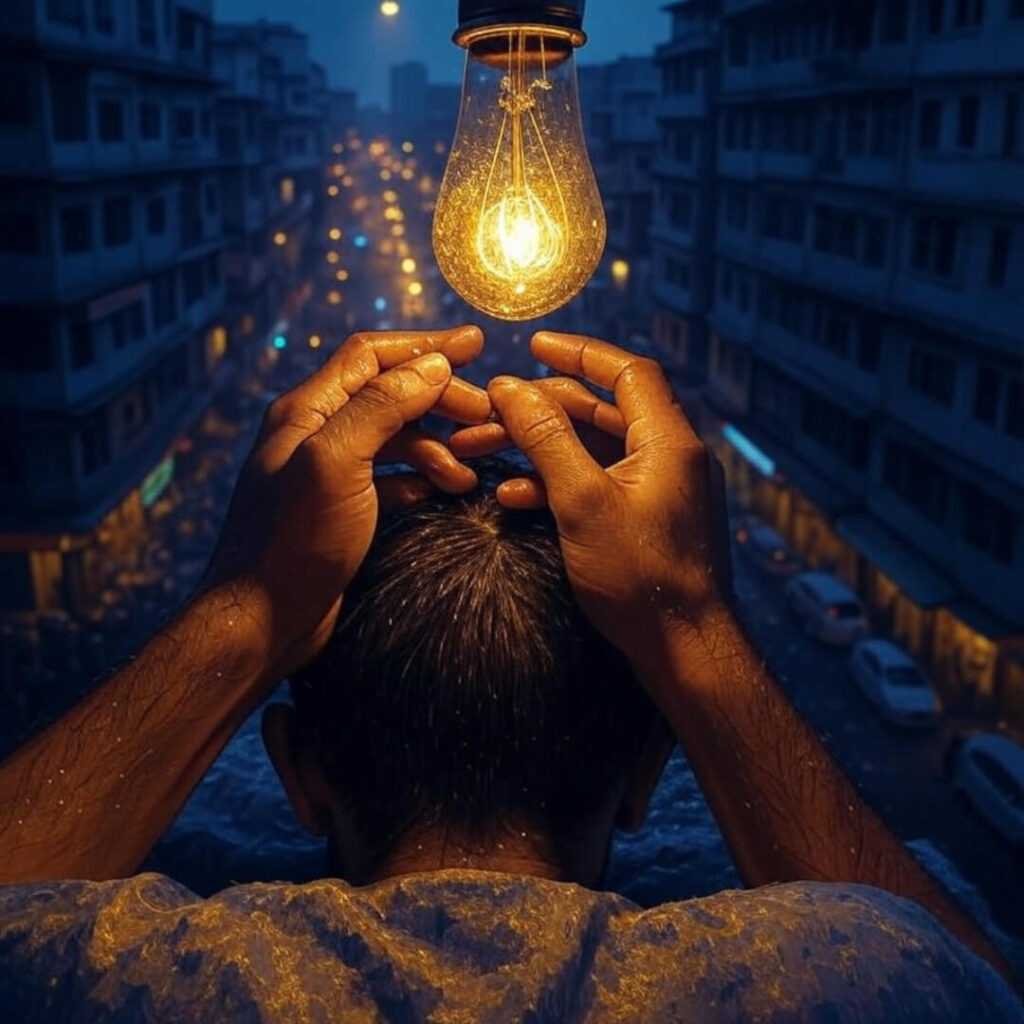 Hands rubbing oil into scalp under flickering bulb.