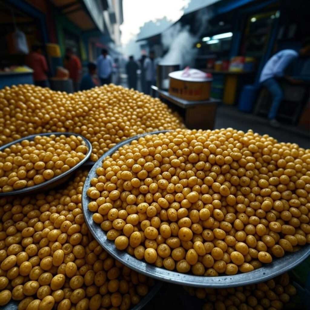 "Vitamin pods spill near steamy chai stall."