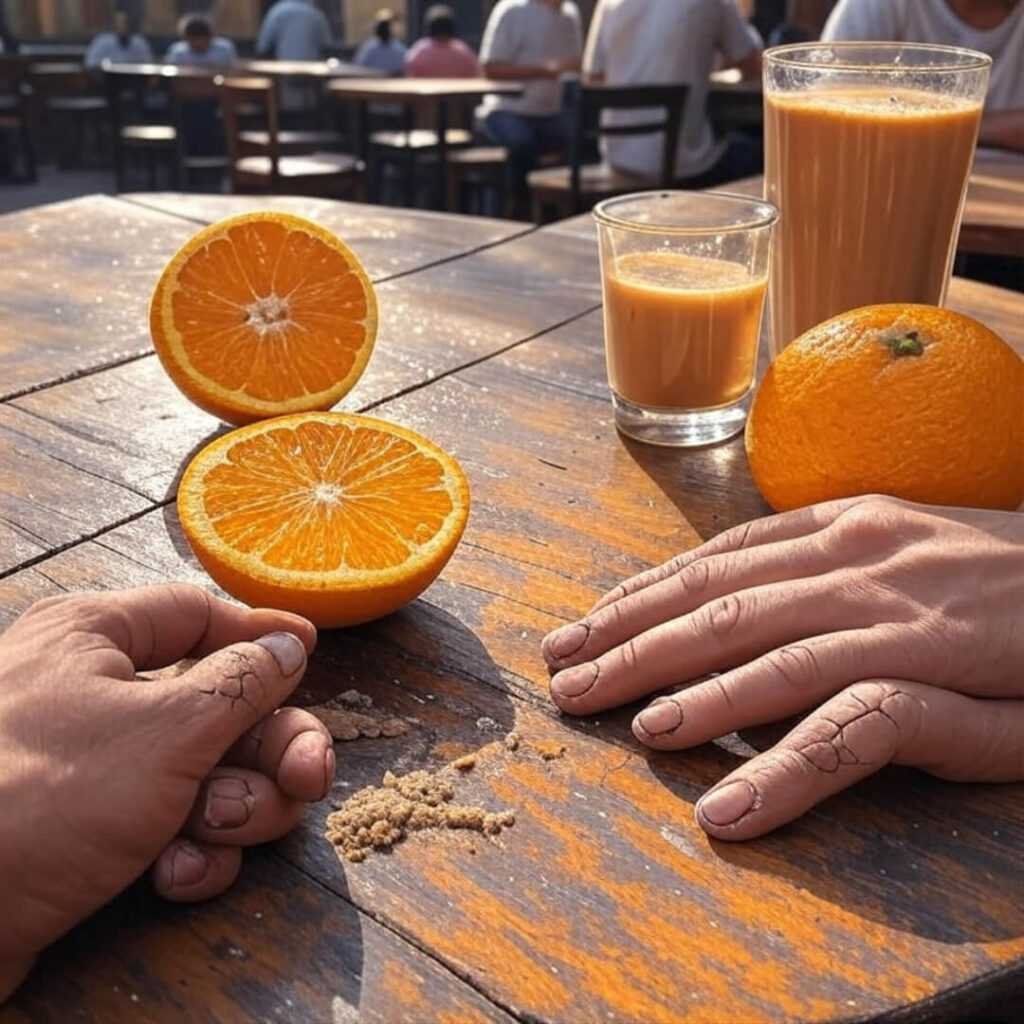 Hands with cracked nails, orange, chai on rickety table.