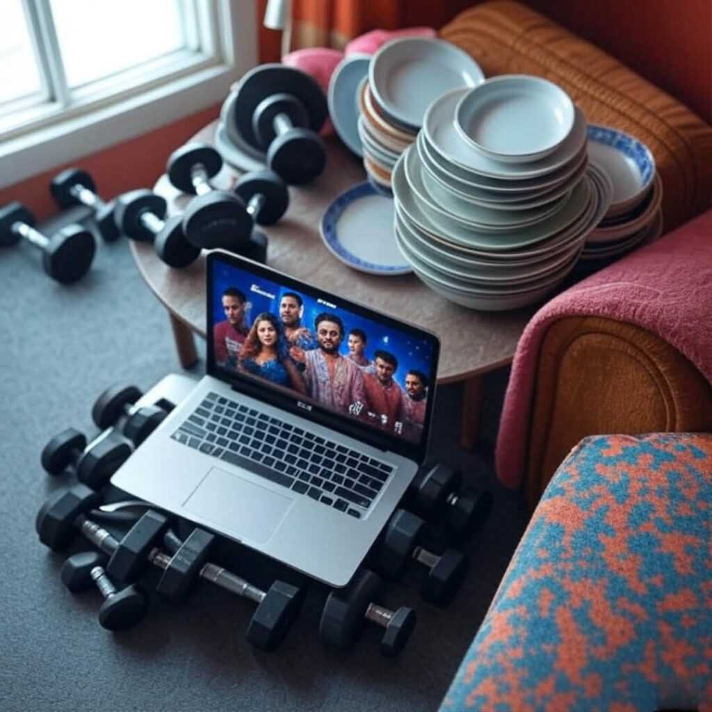 Top-down workout mess with dishes, Bollywood paused.