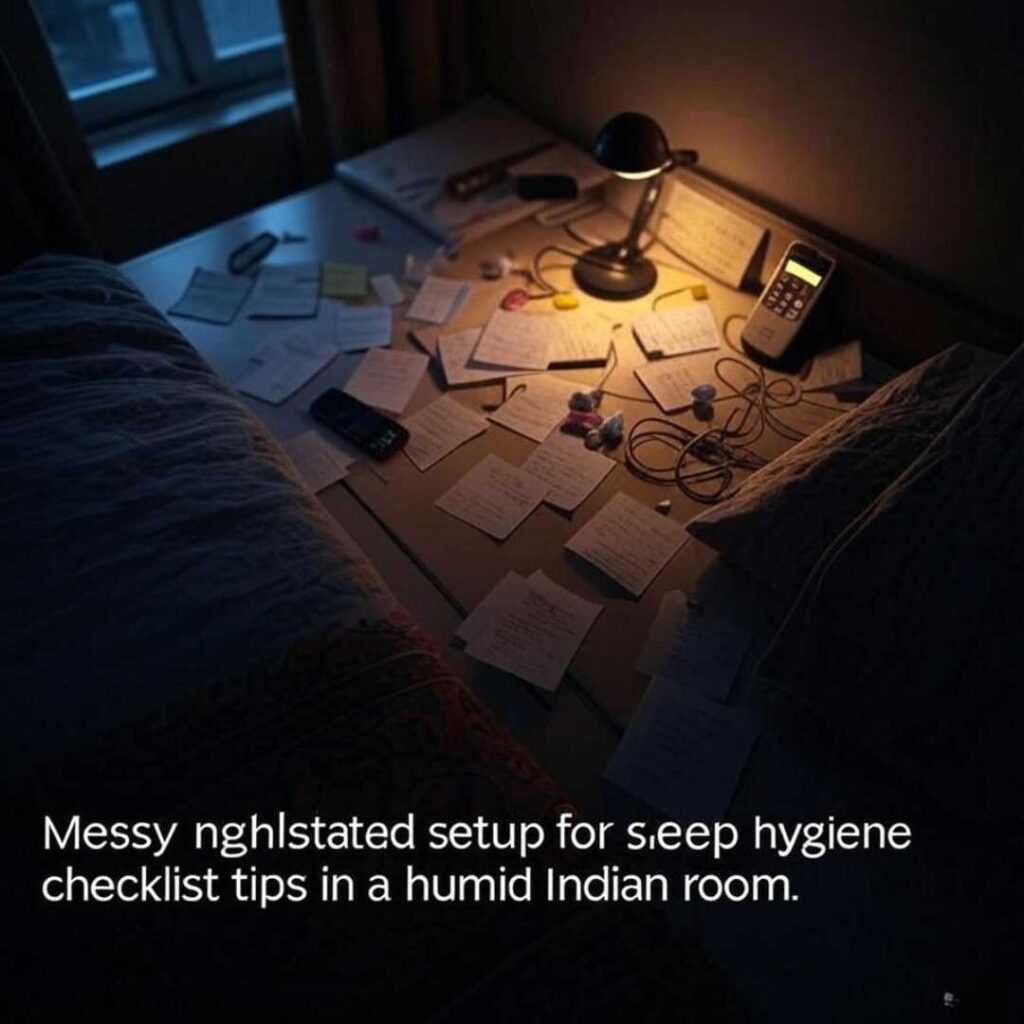 "Cluttered nightstand with earplugs and phone in dark."