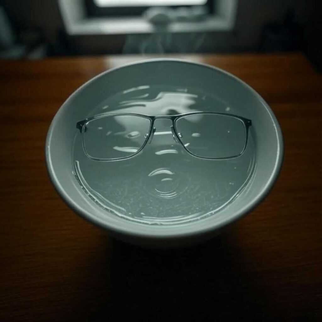 Foggy glasses over steaming eucalyptus bowl.