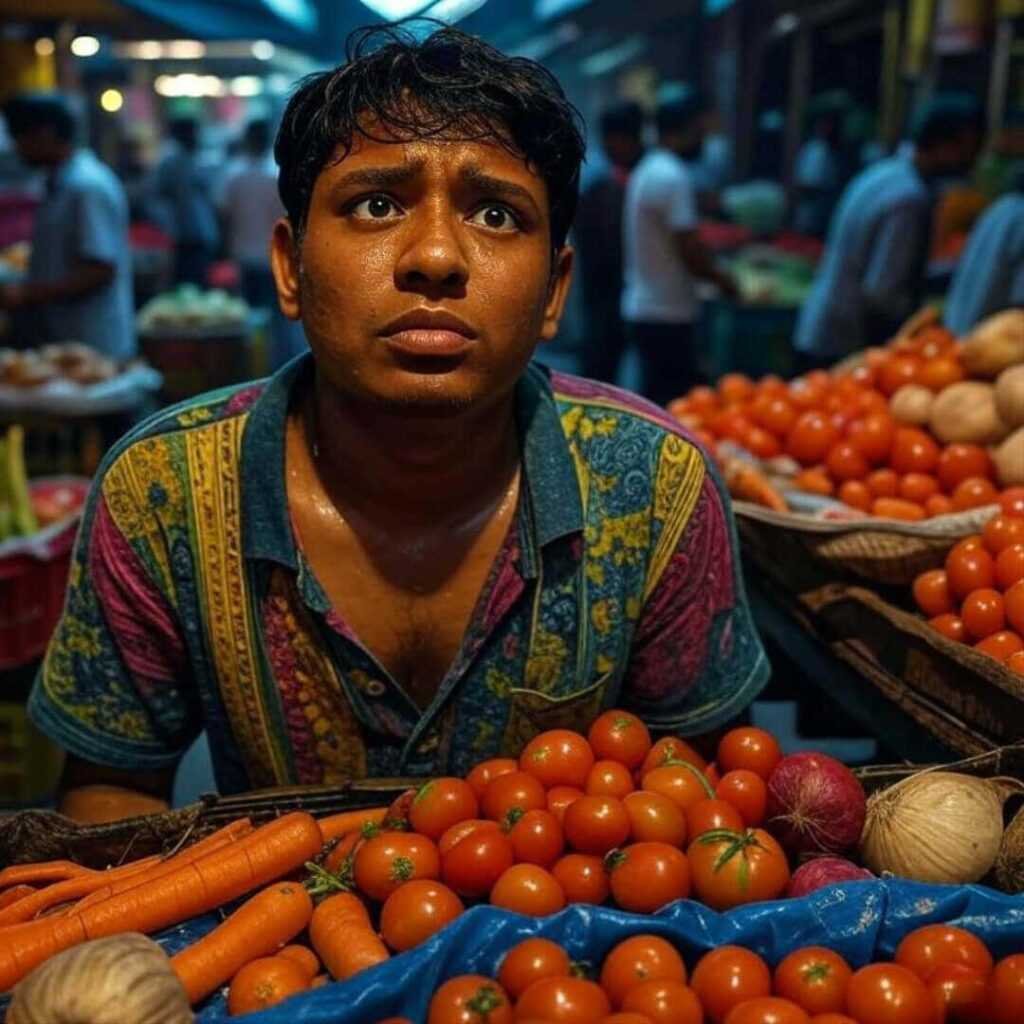 Sweaty man by veggie cart, cat, market chaos.