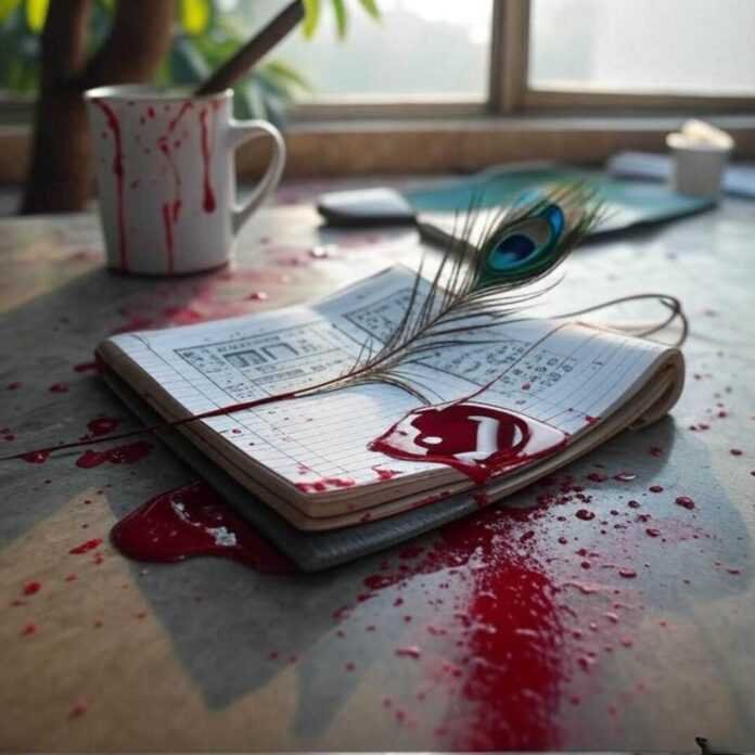 Spilled hibiscus tea, notebook, peacock feather, yoga mat.