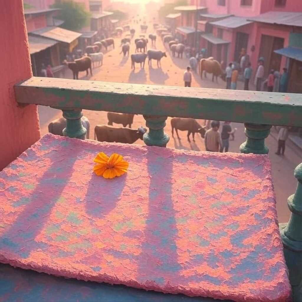 Impressionistic mat, street cows, marigold petal, dusty tones.