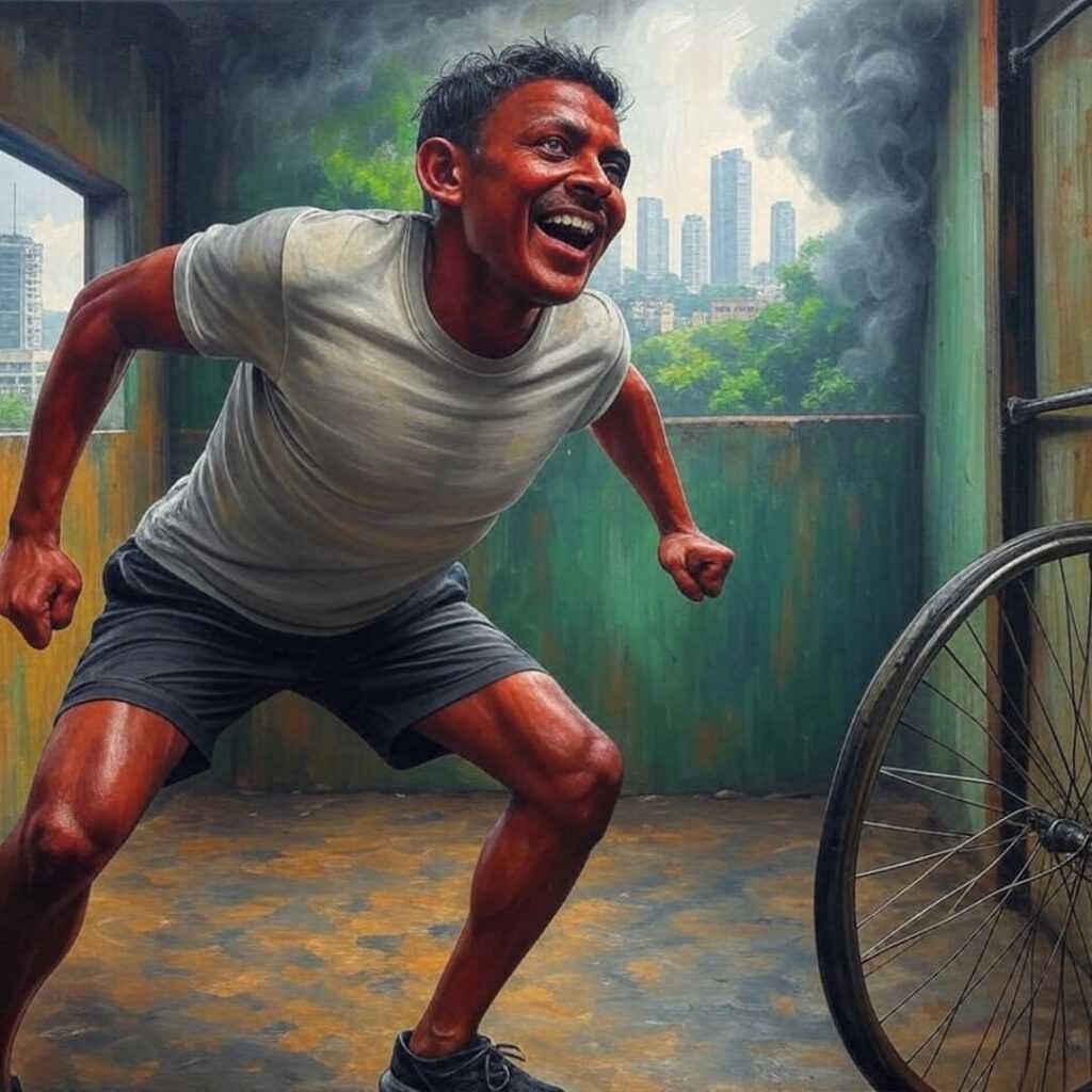 Red-faced HIIT workout, Mumbai skyline, spinning rickshaw.