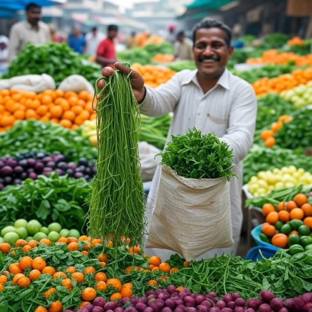 Vibrant Indian veggie market, stuffed tote, vendor tossing dhania.