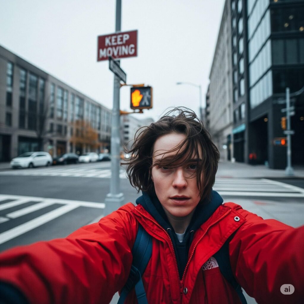 Windblown Selfie with "Keep Moving" Sign