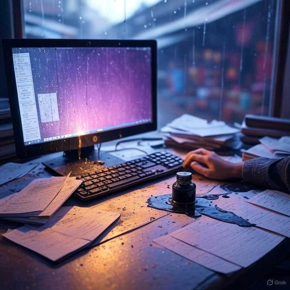 Jumbled desk, flickering screen, leaking ink bottle.