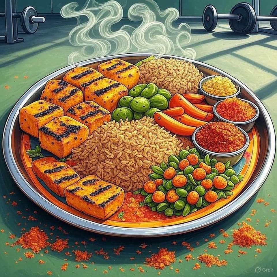 Colorful thali with grilled paneer, rice, veggie shadows.