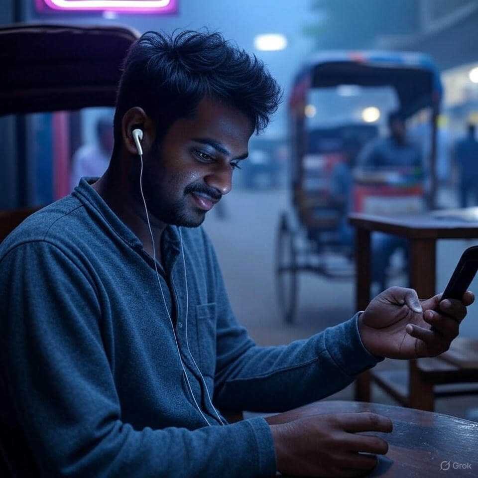 Slouched man with earbuds in busy Bangalore café.