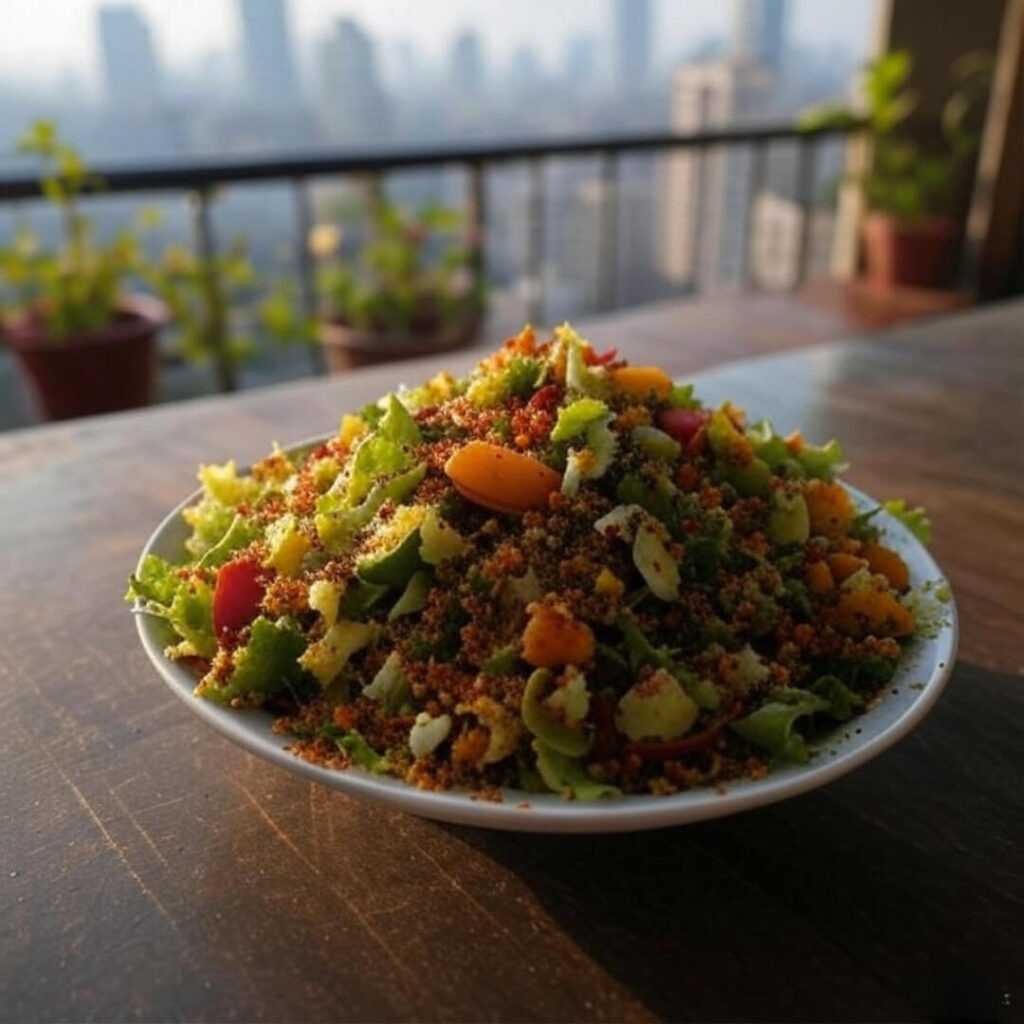 "Spicy salad half-eaten, messy balcony diet try."