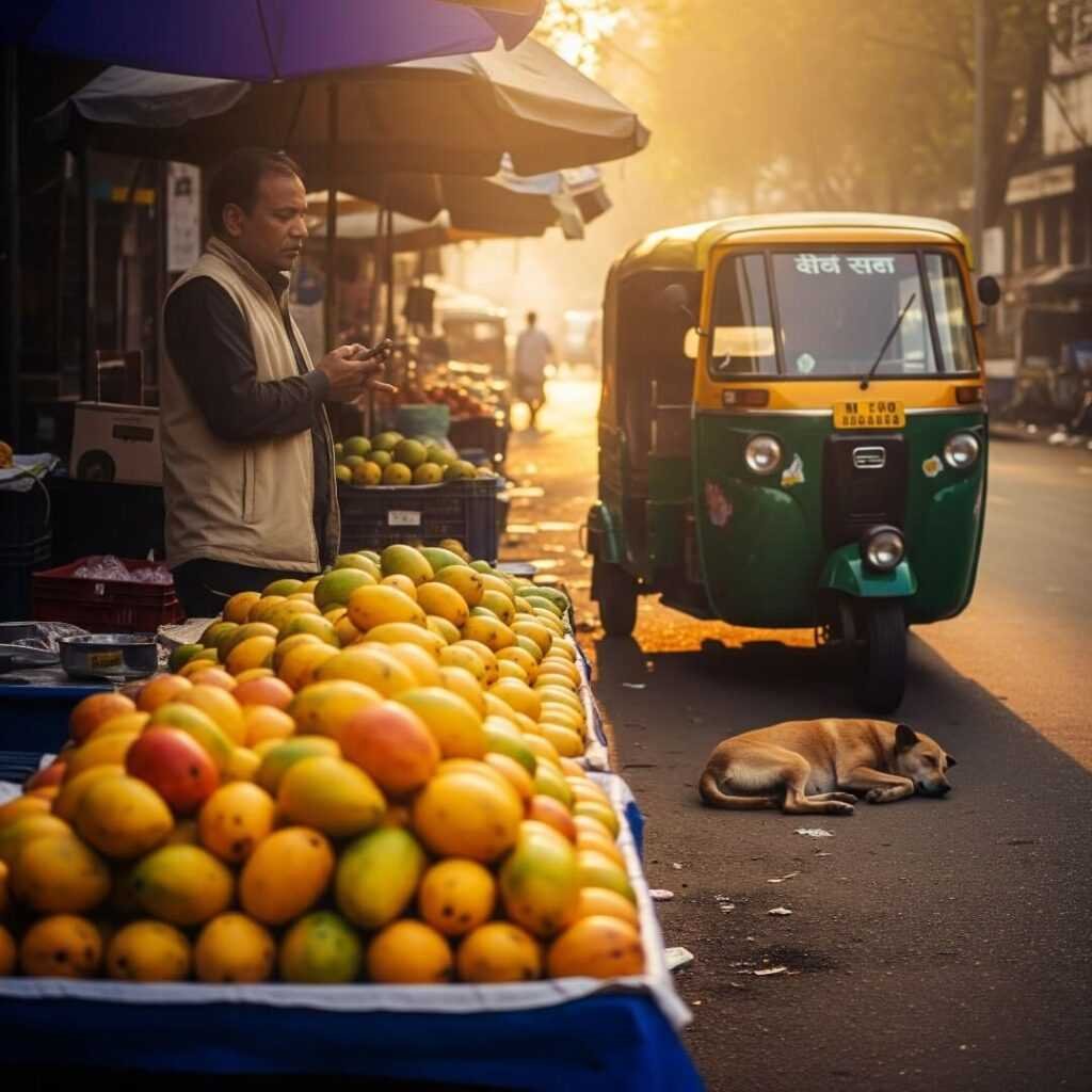 Mumbai market at sunrise with mangoes and rickshaw.