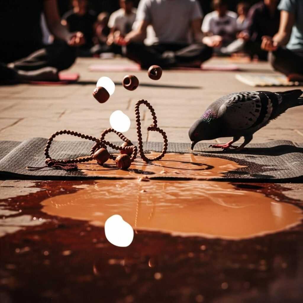 Spilled chai, rolling beads, pecking pigeon.