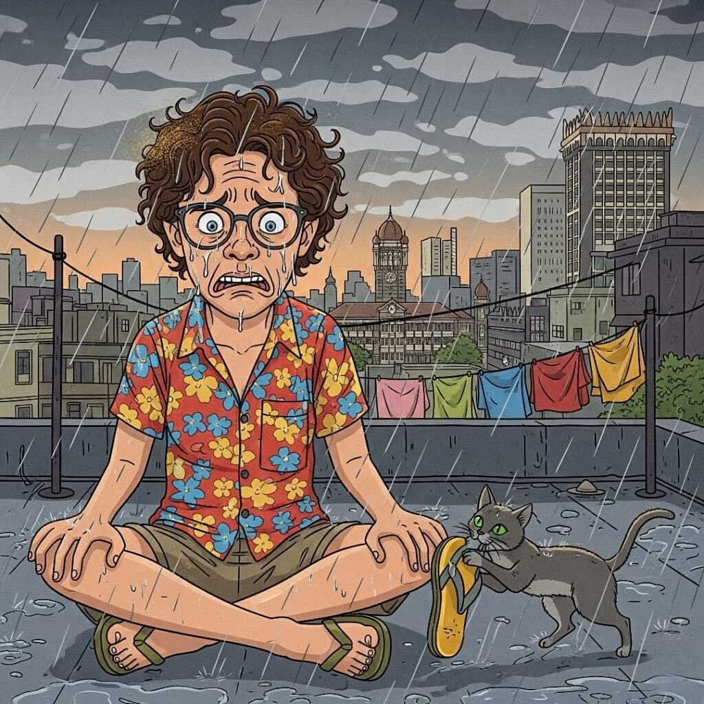 A flustered person on a rooftop with a cat.