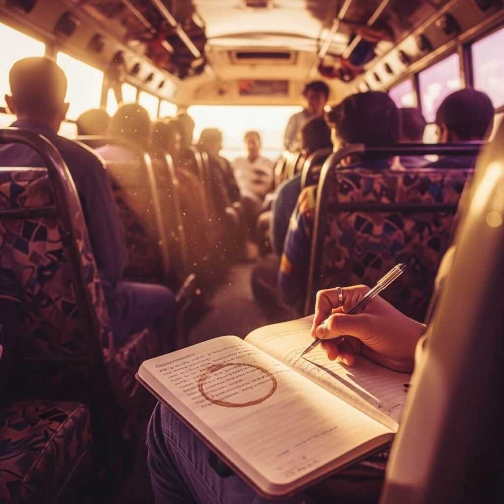 Crowded Indian bus, hand writing in notebook, chai stain.