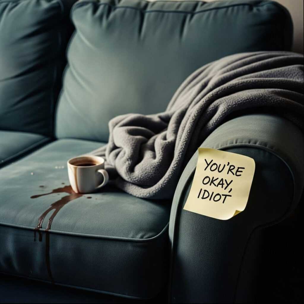 Couch with spilled chai and a funny note.