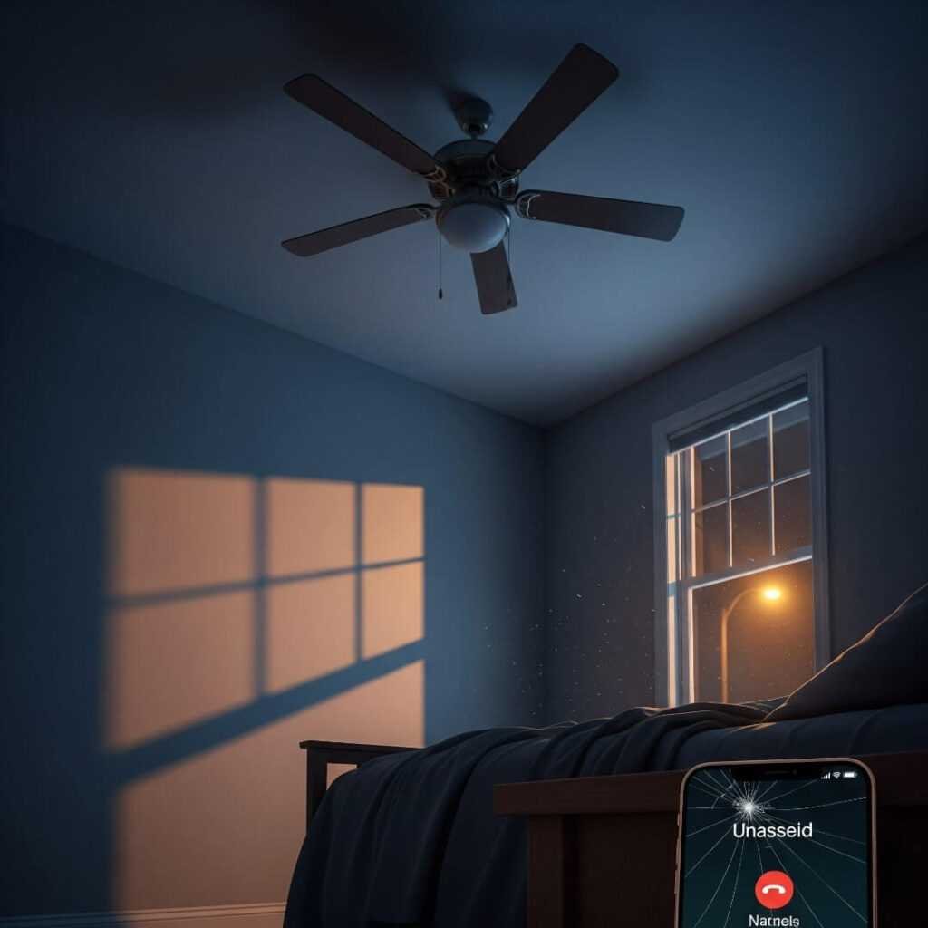 Dim room, spinning fan, and a phone with an unanswered call.
