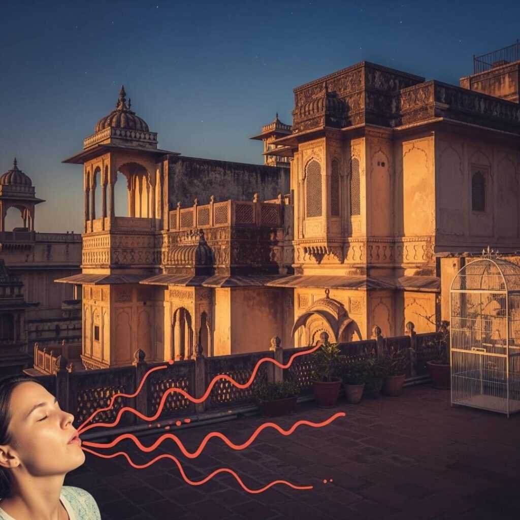 Udaipur rooftop at dusk with person breathing and wavy lines.