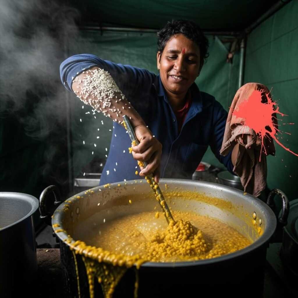 Person grinning, stirring dal with rice on their elbow.