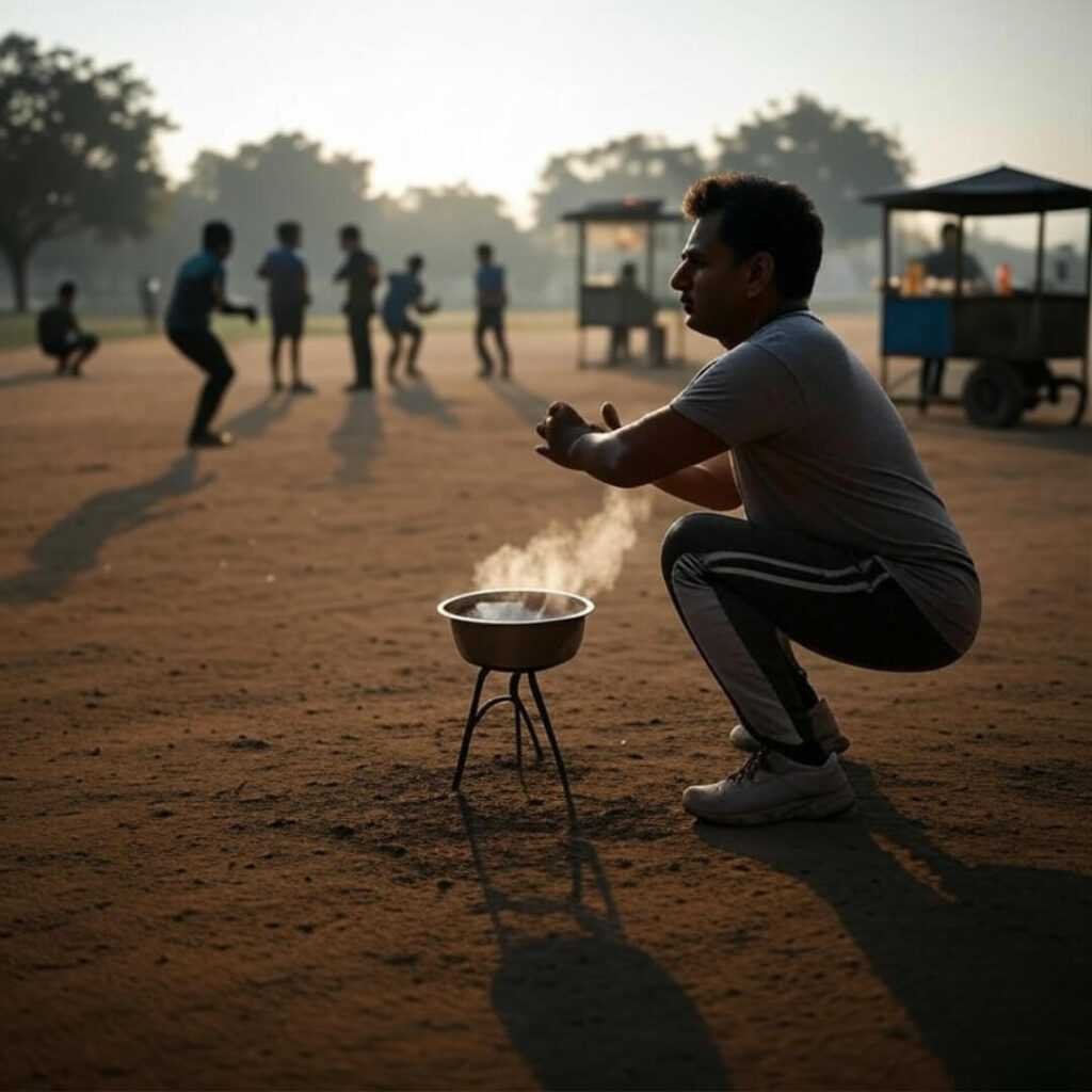 Squats with locals at dawn, steaming chai stall.