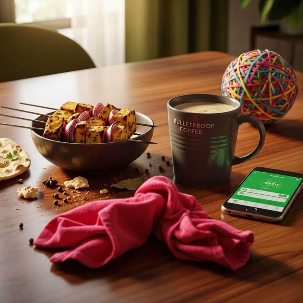 Dining table with food, coffee, phone, and rubber band.
