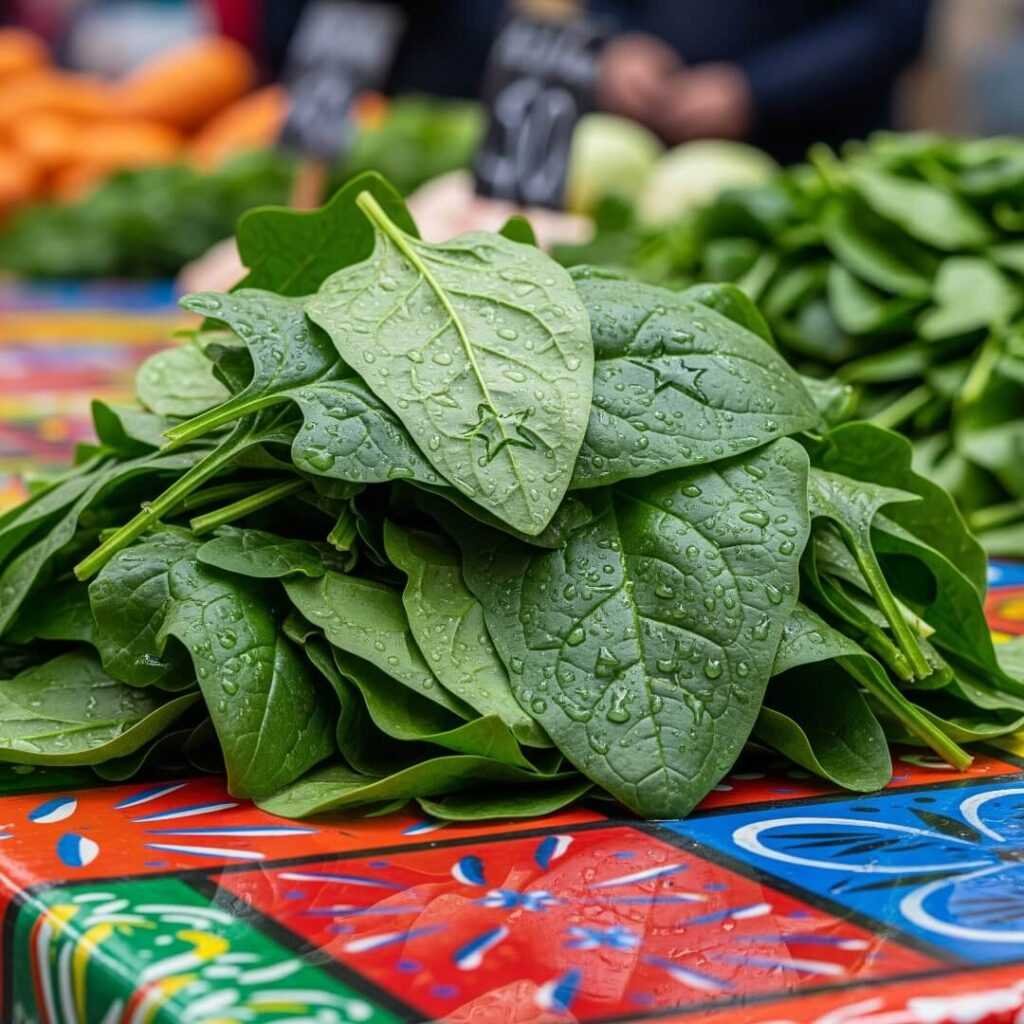Wet spinach leaves on a colorful market stall.