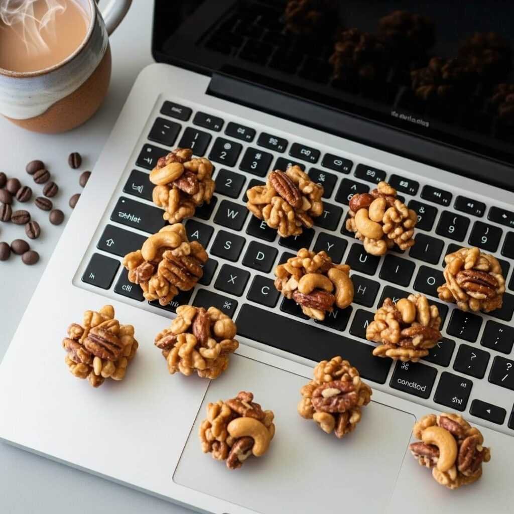 Nut clusters on a laptop keyboard with a chai cup.