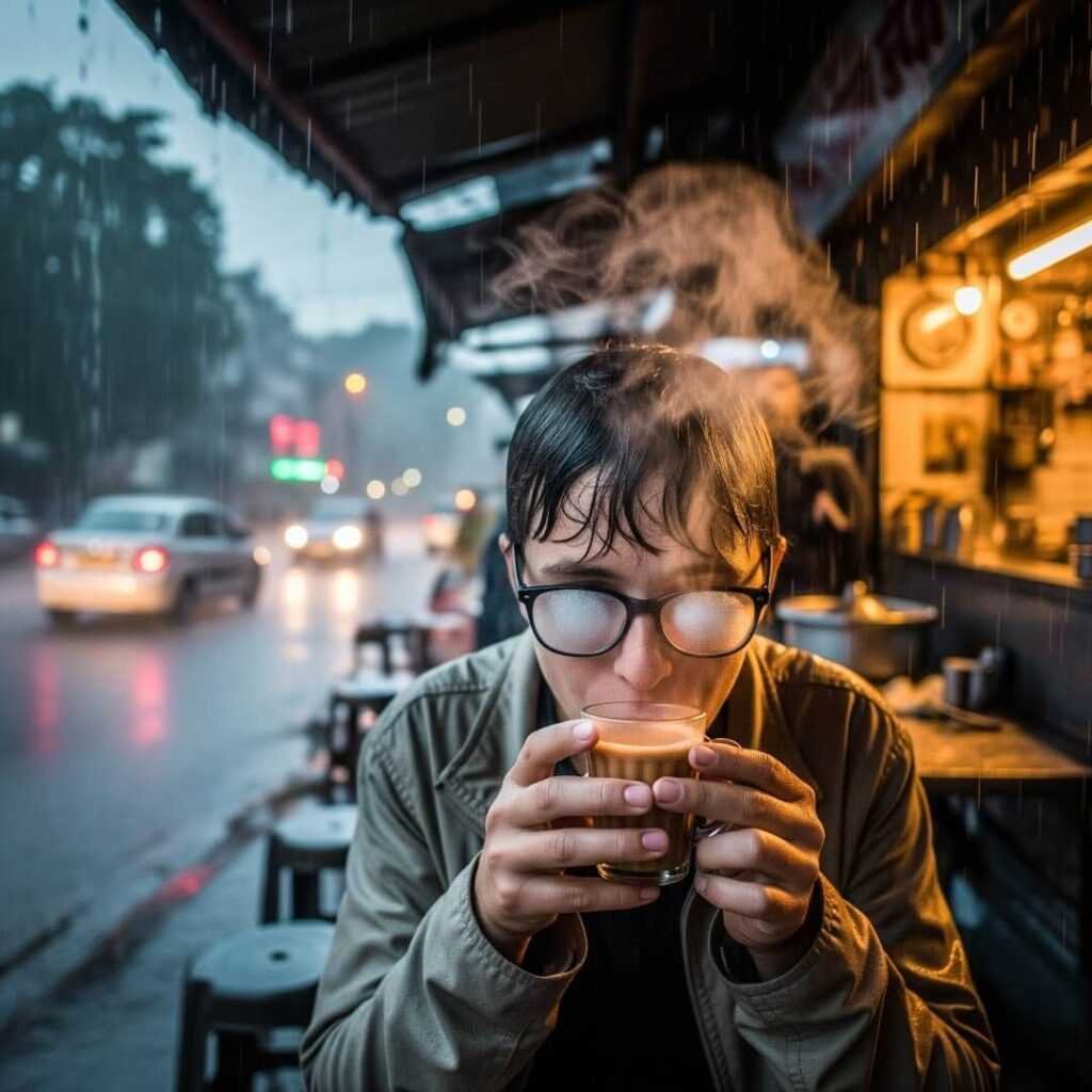  Person with foggy glasses holding chai in rain.