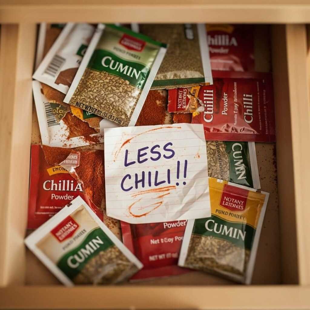 Disorganized spice drawer with cumin, chili, and a note.