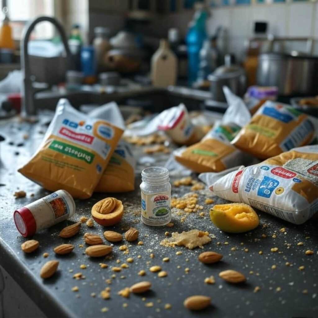 Cluttered counter, almond flour, spilled spice, mango.