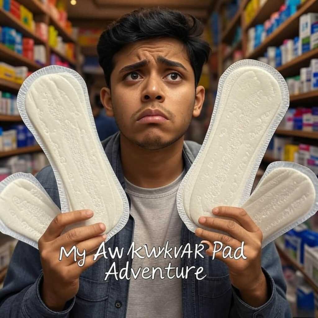 Blurry pharmacy shot, holding giant pads, confused face