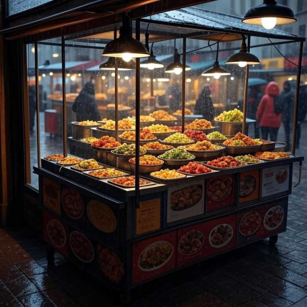 Rainy window, street food stalls, tempting treats.